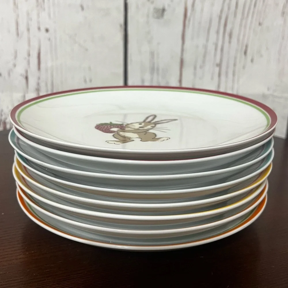 WORLD MARKET easter themed 8pc of 8” Colorful Rabbit Design Dinner Plates Set - Picture 2 of 11